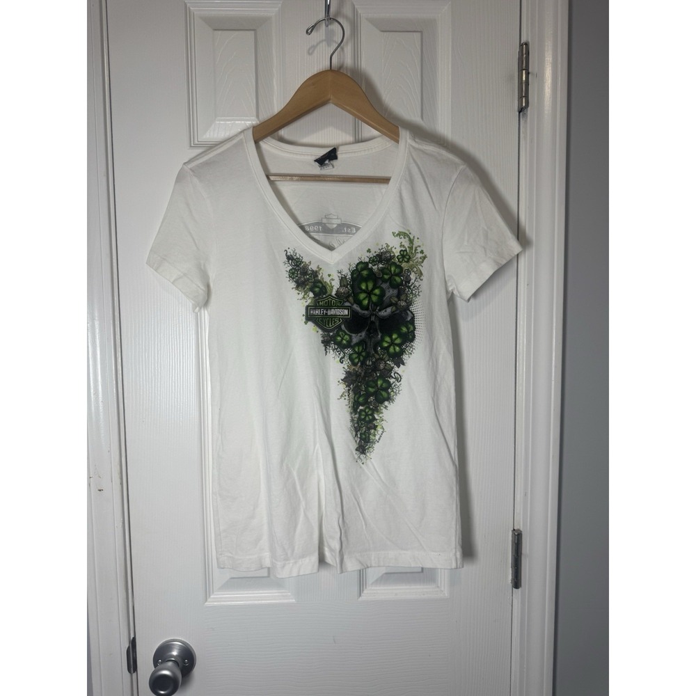 Harley-Davidson Women's White V-Neck Short Sleeve Graphic Print T-Shirt Size S